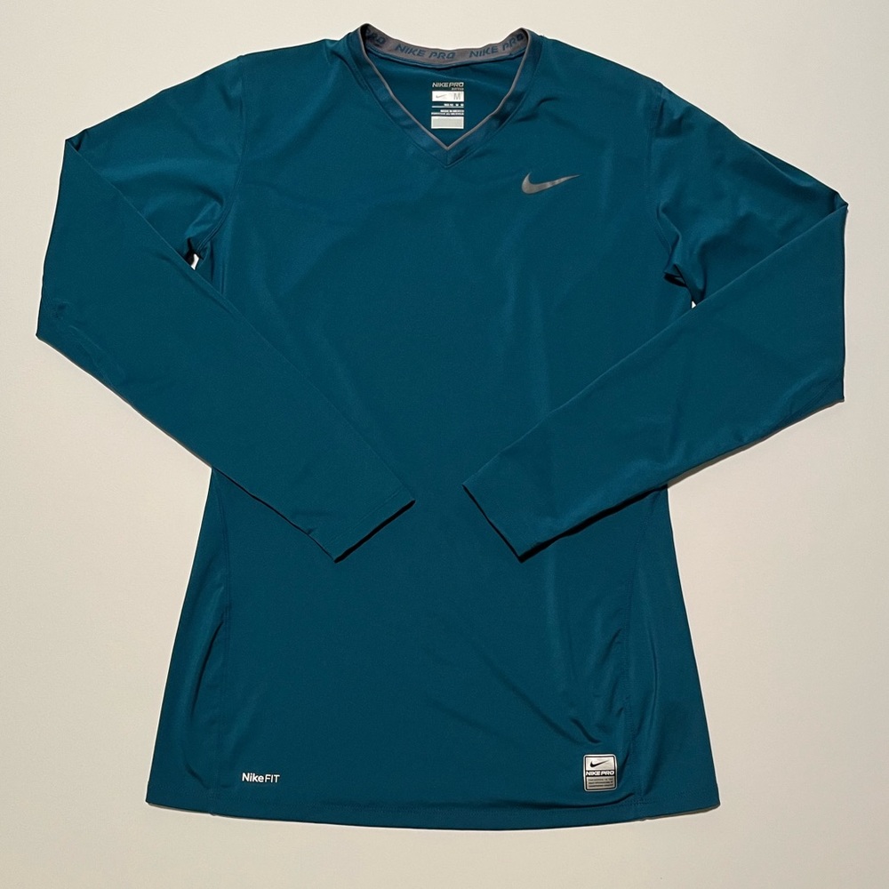 Nike Pro Fitted Athletic Long Sleeves Shirt Teal Blue